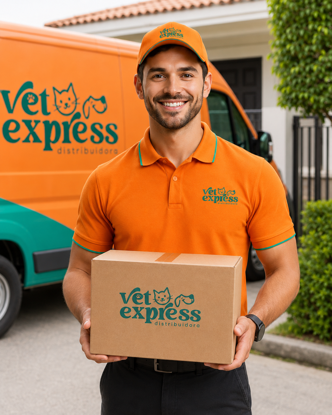 Entregador Vet Express com caixa em frente à van da marca