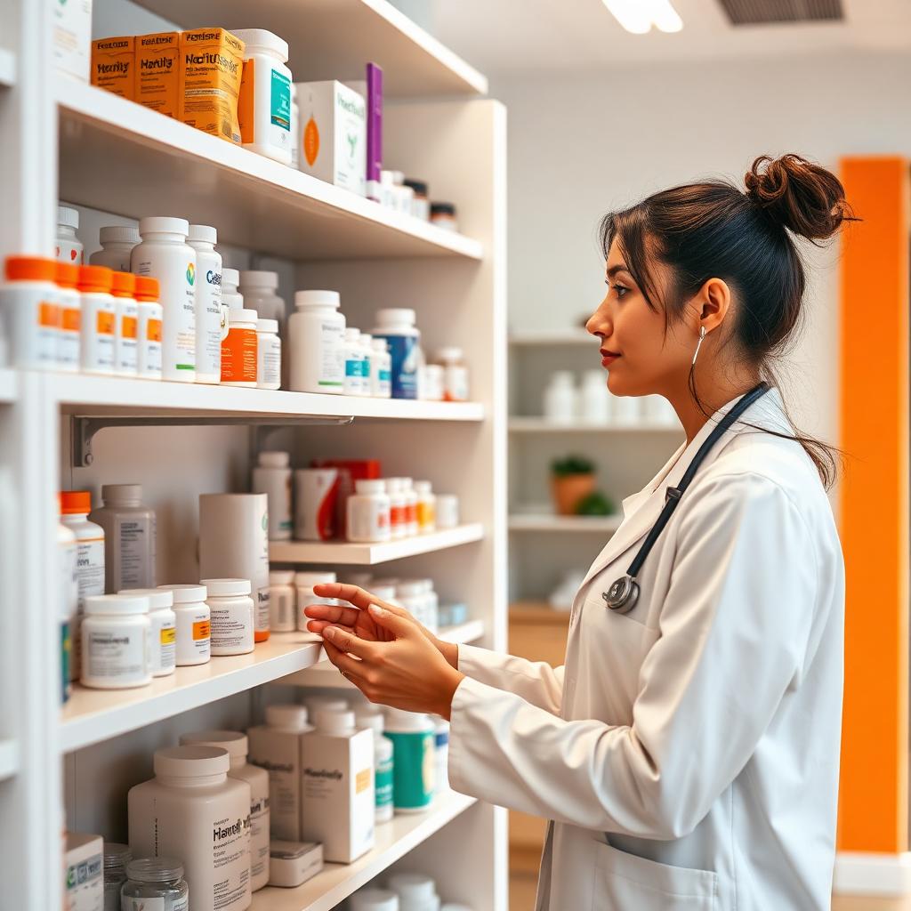 Veterinária organizando produtos em clínica