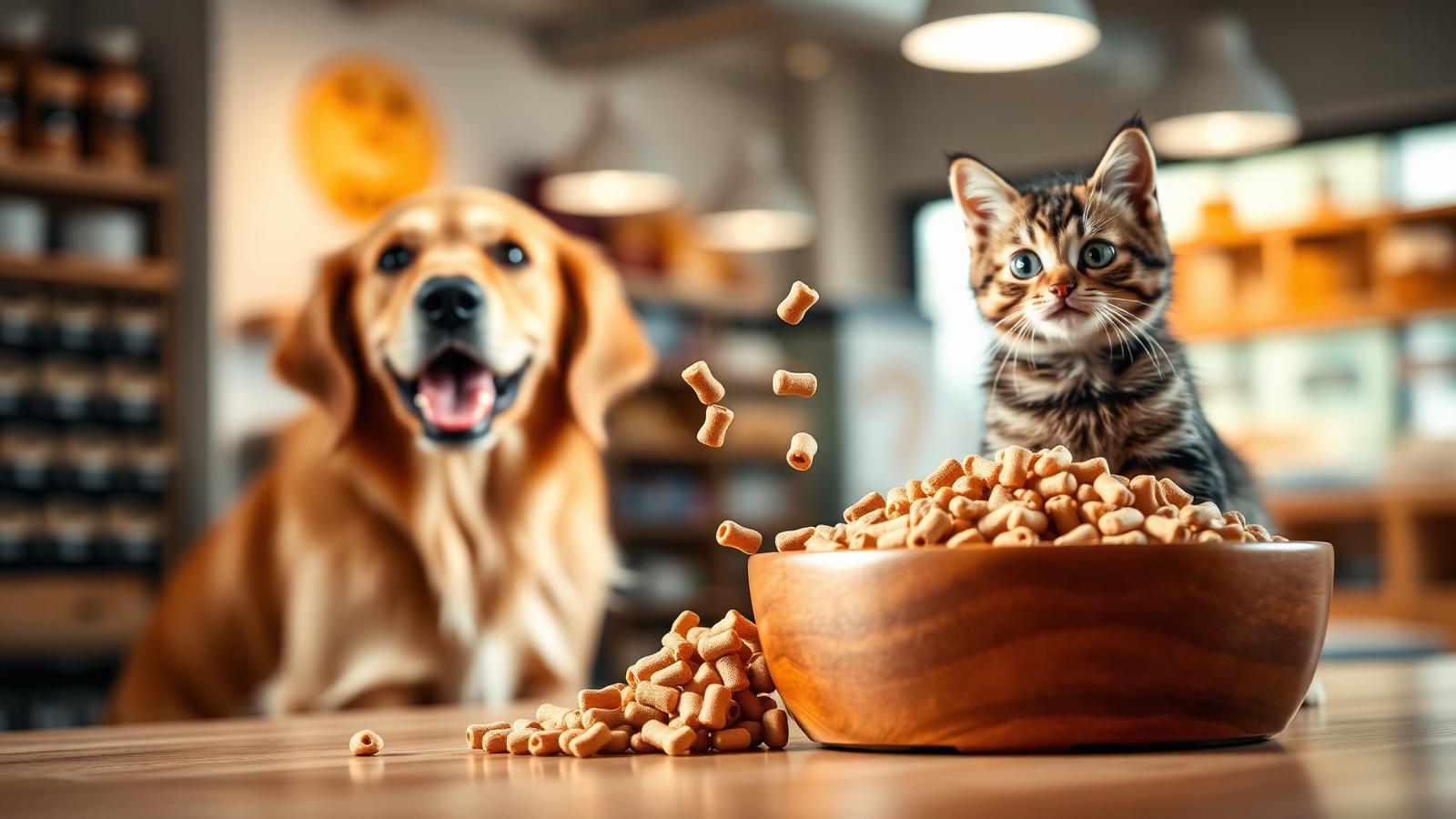 Alimentos para pets — ração premium em tigela com cão e gato ao fundo